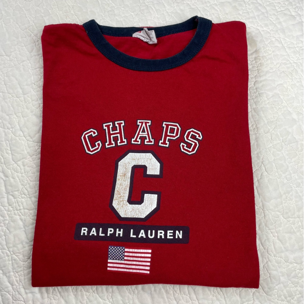 🔥Vtg 80 90's Chaps Ralph Lauren USA Red Flag Logo Ringer T Shirt Men’s Size M - Picture 5 of 11